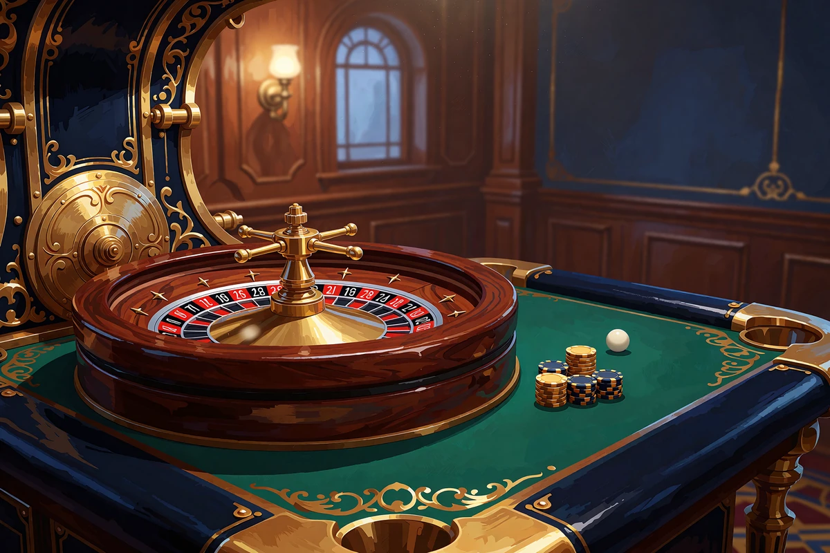 Mosiężne koło ruletki na zielonym suknie w studiu live casino WestAce podczas obrotu
